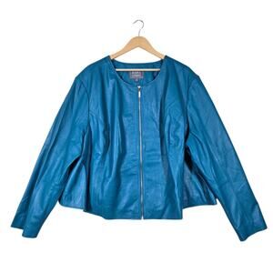 Jessica London Outerwear 100% Leather Jacket sz 32W TEAL Blue Lined Zip Front